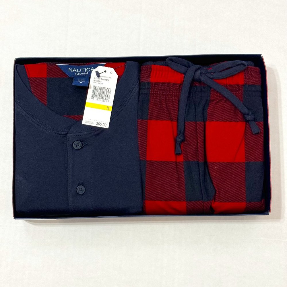 Nautica Sz M Men's PJ Set Navy/Red Multi Henley Cozy Pants - Picture 1 of 14